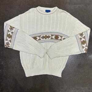 Vintage 90s Cream Brown Men's Medium Towncraft Acrylic Soft Cozy Knit Sweater